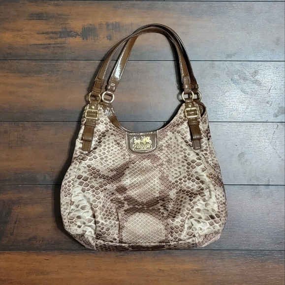 Coach Handbags - COACH 19843 Madison Maggie Tan Snake Print Sateen Fabric Handbag Brn Patent Trim